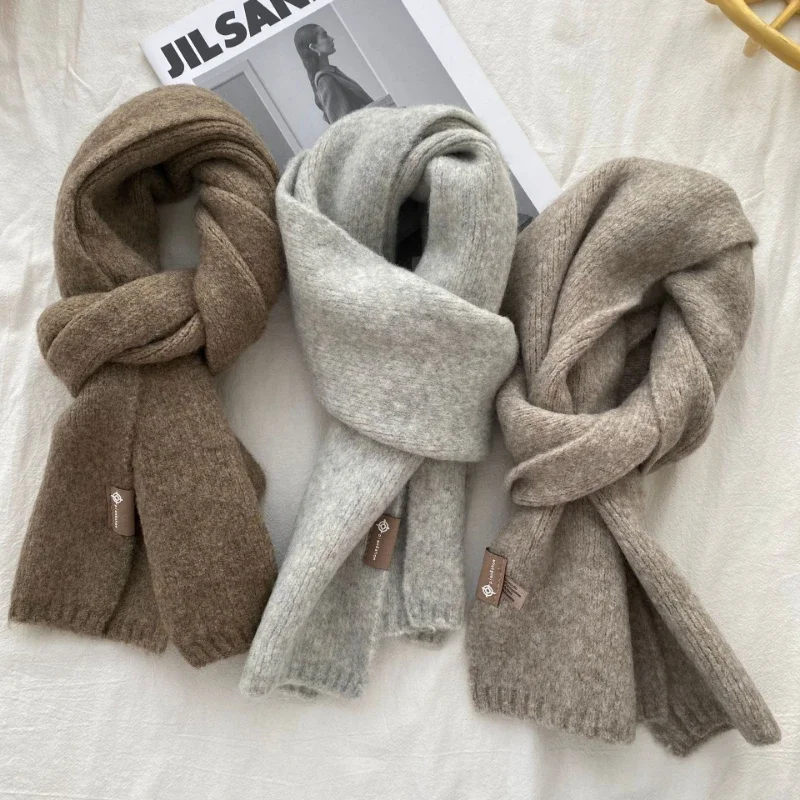 Chic Design Wool Small Scarf Women Men Wool Blend Knit Solid Color Couple Muffler Korean Thick Warm Versatile Shawl Female Male