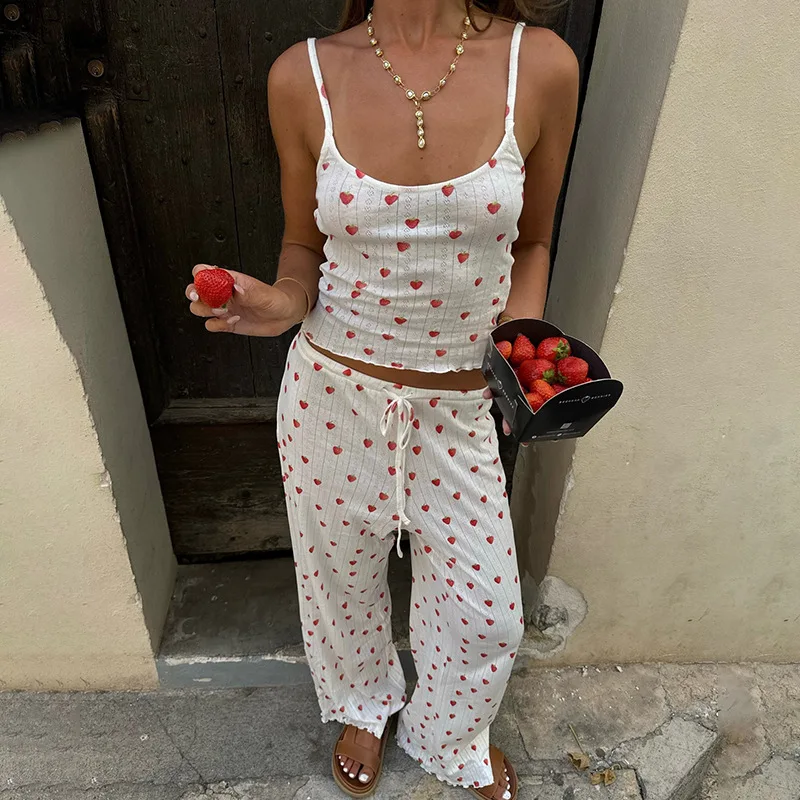 Women's Pajama Set Loungewear Casual Suit Strawberry Print Contrast Camisole Top Tie Straight Leg Pants Pajamas 2 Piece Summer