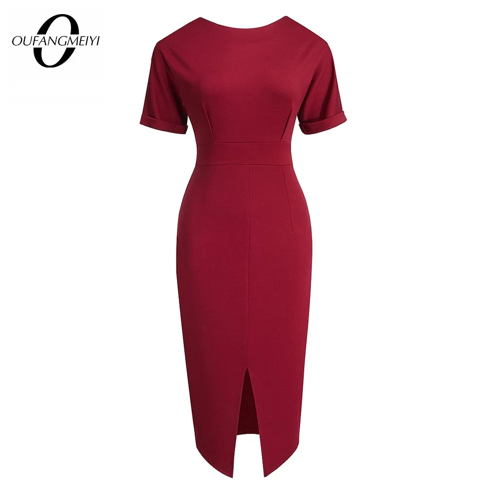 

Women Brief Elegant Pure Color V Back Split Lady Bodycon Office Penci Dress 1EB641