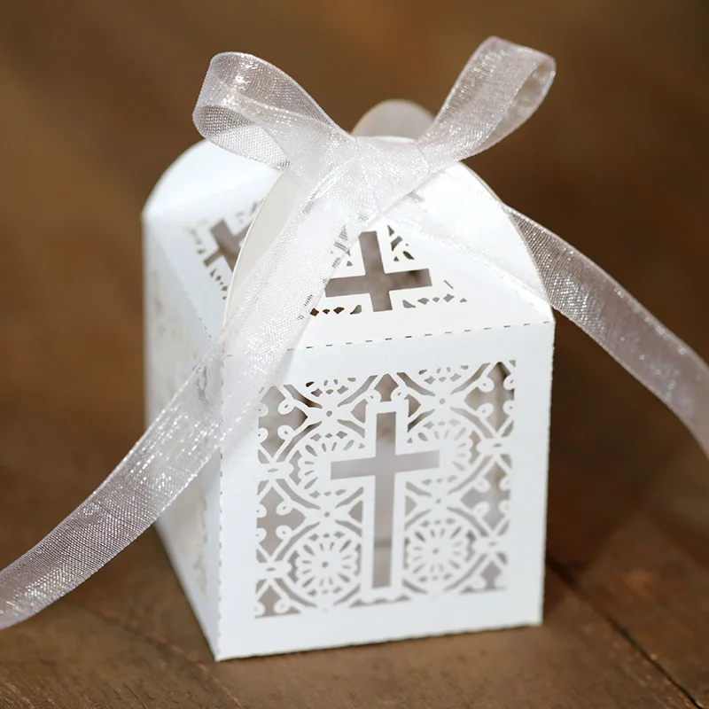 

50/100pcs Cross Candy Box Easter Favor Gift Packaging Boxes With Ribbon Christianity Baptism Wedding Communion Christening Decor