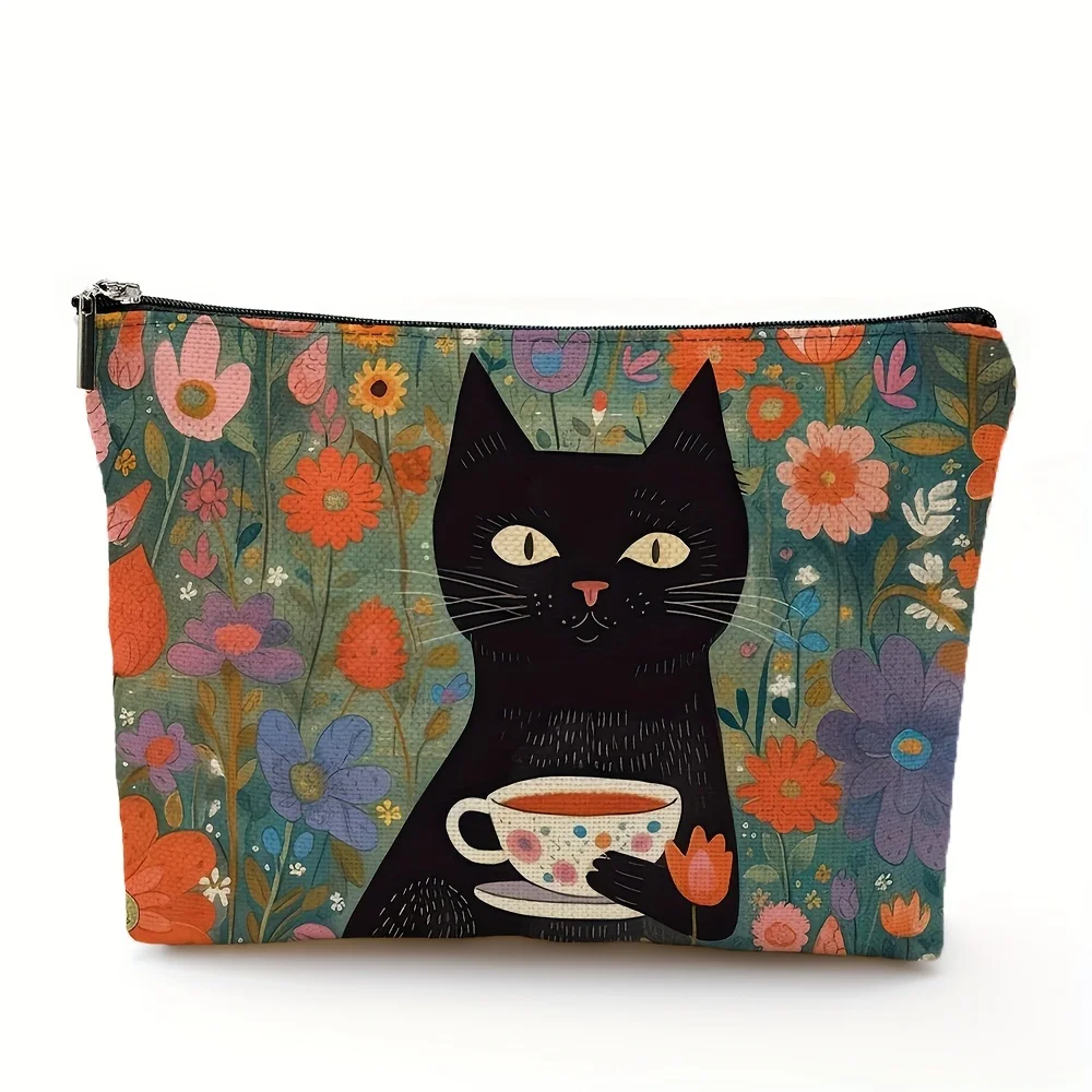 1pc Adorable Flowers and Coffee Cat Printing Cosmetic Bag Foldable Lightweight Zipper Closure Makeup Bag for Women and Girls