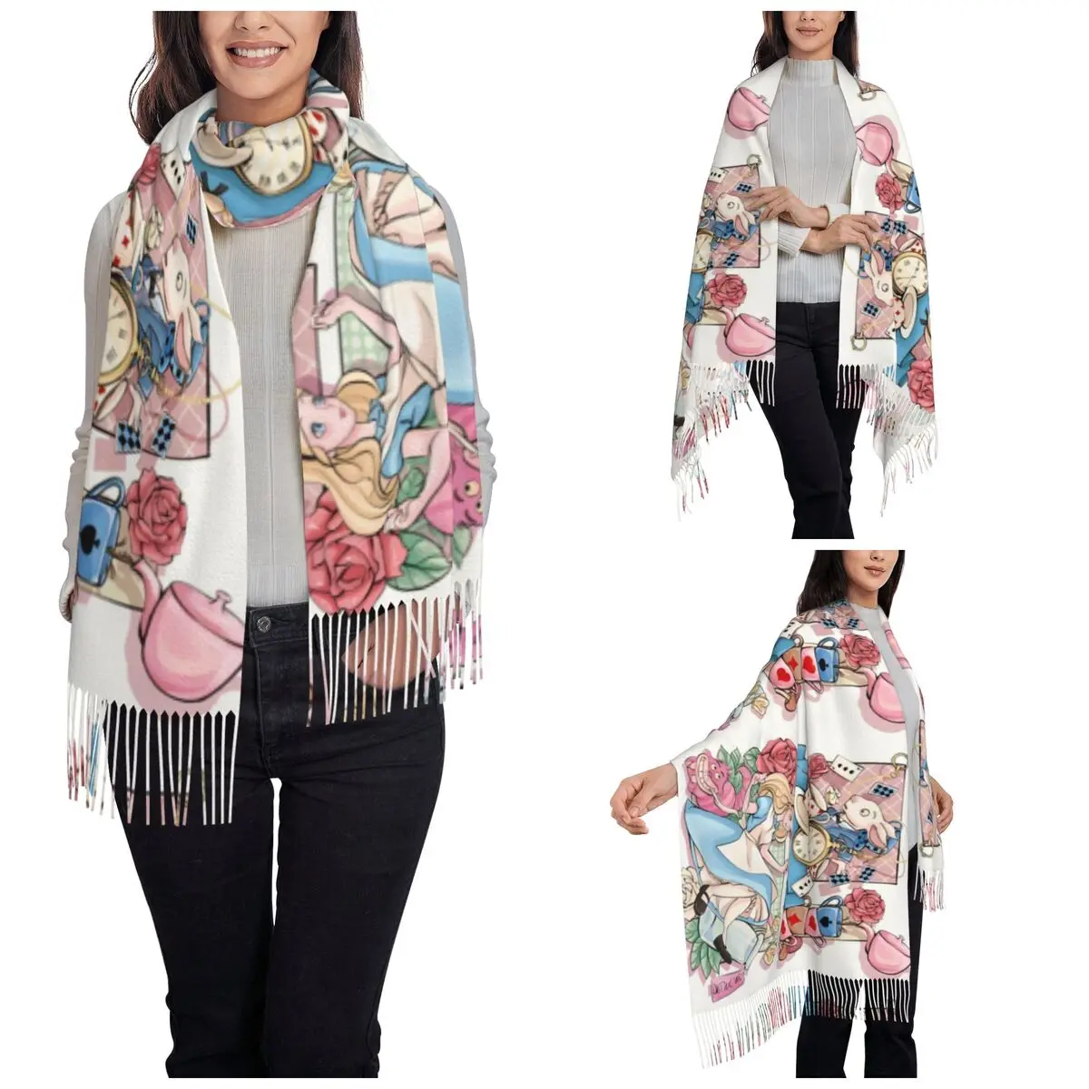 Alice In Wonderland Cartoon Shawls Wraps for Women Winter Warm Long Soft Scarf The White Rabbit Pashmina Shawl Scarves