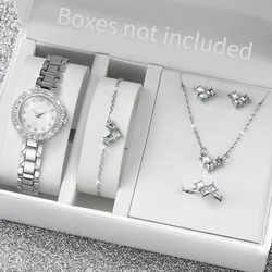 6PCS/Set Women Watch Fashion Rhinestone Dial Ladies Quartz Watches Silver Band Wristwatch Clock Jewelry Set（Without Box）