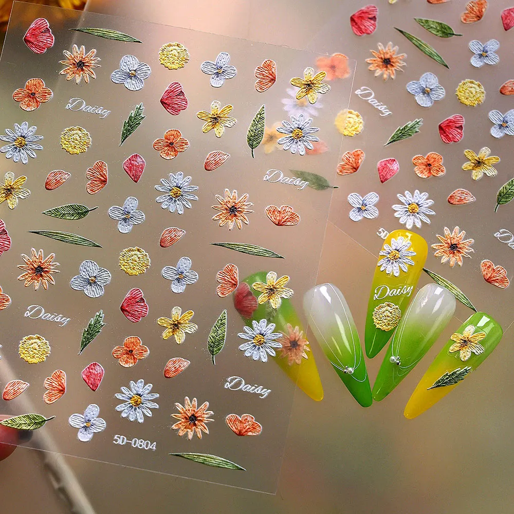1pcs 5D Embossed Flower Petal Leaves Nail Stickers White Yellow Daisy  Butterfly Nail Decals 8*10cm Self-Adhesive Nail Supplies