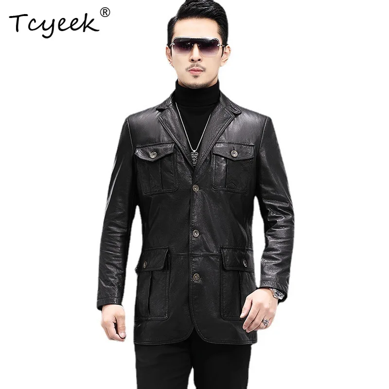 Tcyeek Real Leather Man Jackets Natural Cowhide Motocycle Jacket Autumn Mens Coats Business Casual Multi-pocket Casaco Masculino