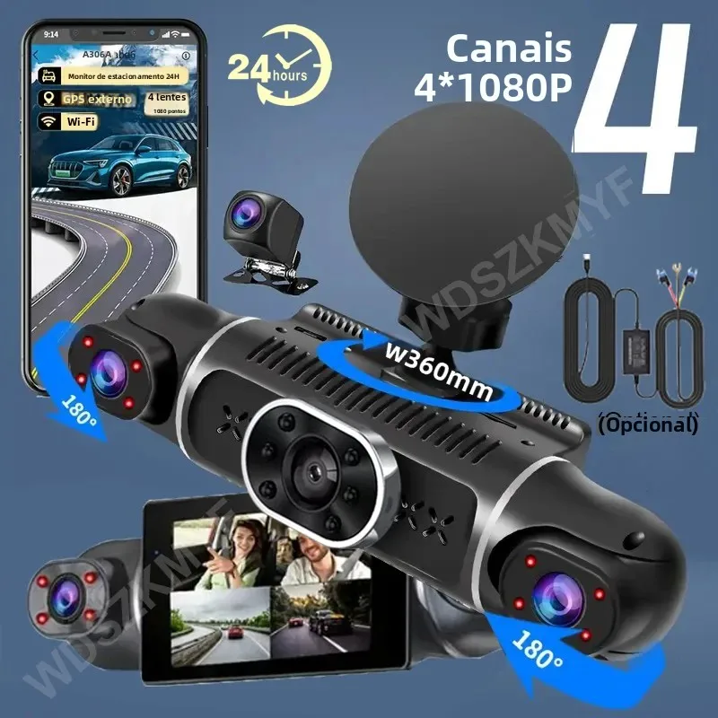 Câmera de painel GPS de 4 canais para carros 4*1080P WIFI 360 °   Grau Gravador de Vídeo Câmera de Visão Traseira Carro DVR 24H Kit de Hardware Acessórios para Carro