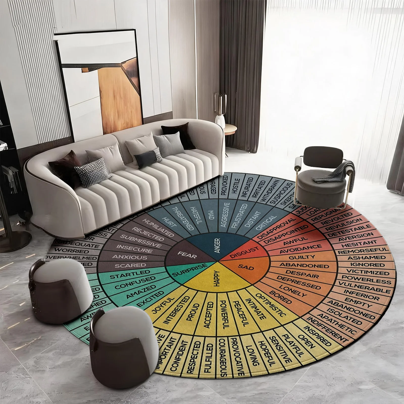 Abstract Round Emotion Words Area Rug Carpet Mat Psychology Home Decor Living Room Accent Piece Modern Mood Theme Gift Gift for