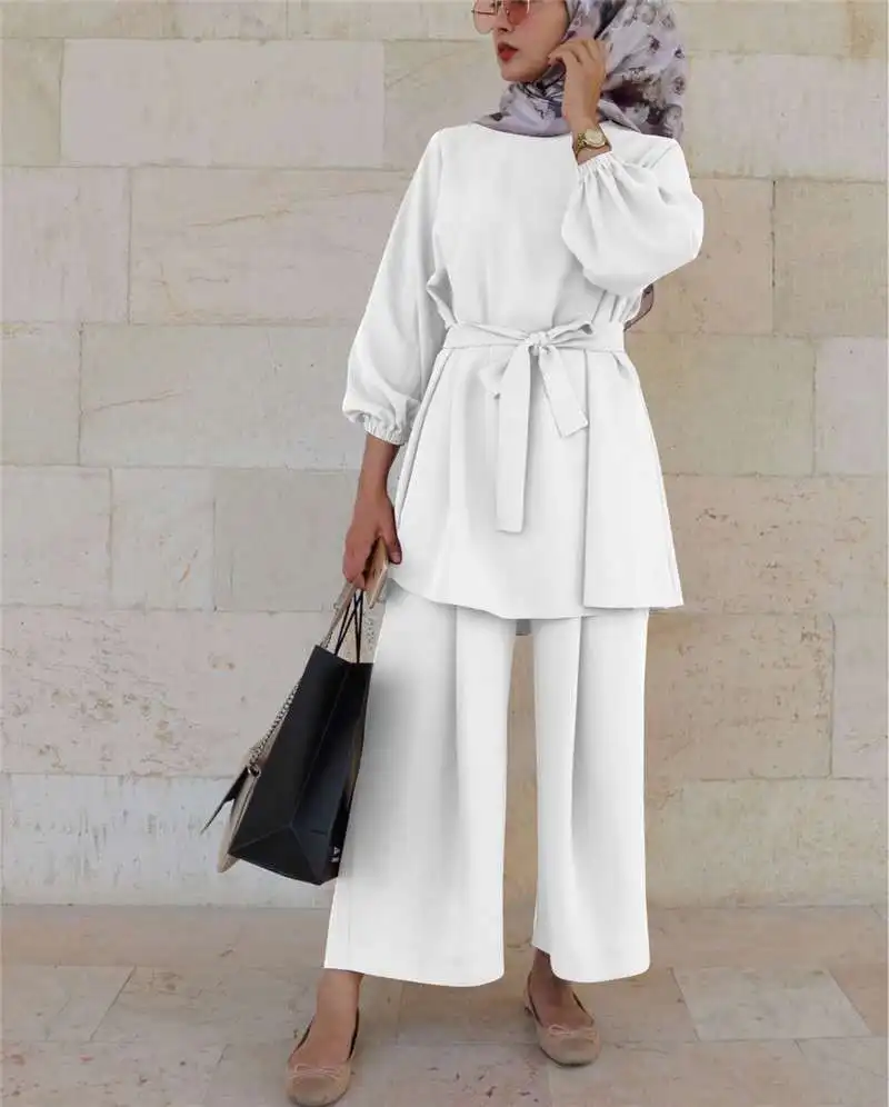 Dubai Women Long Sleeve Belted Top Pants Two Piece Set Muslim Outfits Abaya Islamic Clothing Arabic Robe Kaftan Suit Solid Color