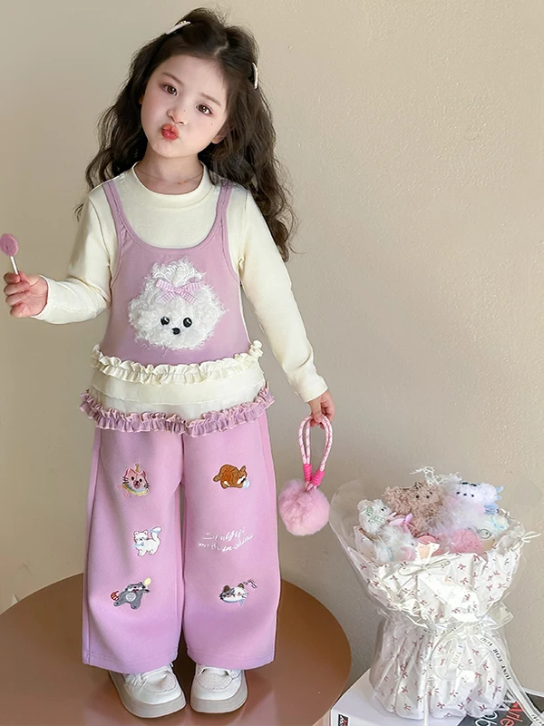 Roupa bordada para meninas verão outono faion conjunto solto calças de perna larga falso top de duas peças princ sle estudante orm