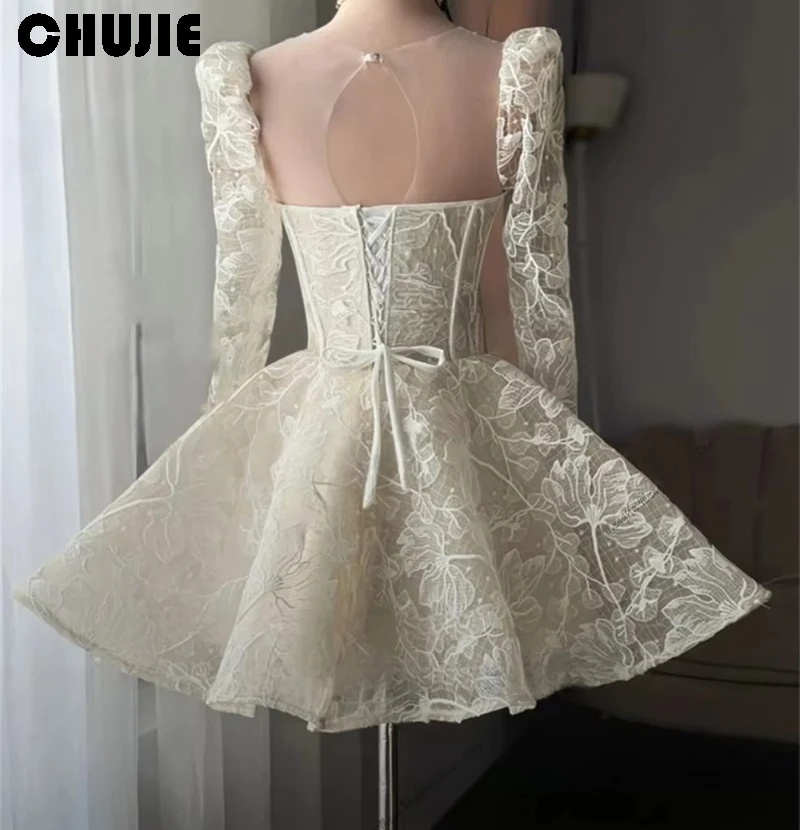 Customize Ivory Appliques Wedding Dress Elegant Long Sleeves Short A Line vestidos de novia Cocktail Party Gown Bridal Dress