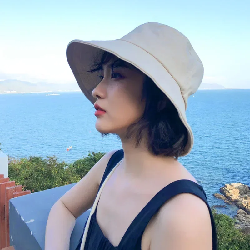 Solid Color Fishermen Hat for Women Sun Protection Bucket Hats Outdoor Wide Brim Basin Cap Basic Cotton Fashion Sunscreen Visors