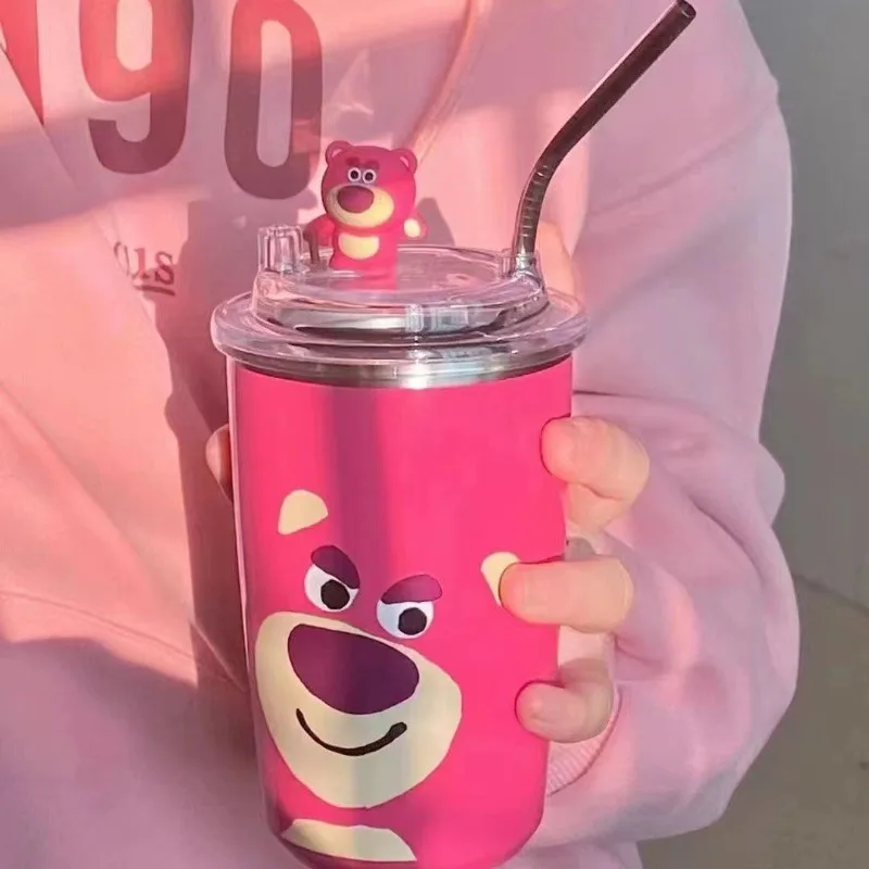 450ml New Disney Lotso Cartoon Stainless Steel Vacuum Cup Cute Water Cup Straw Bottle Office Coffee Cup Birthday Gift For Girls