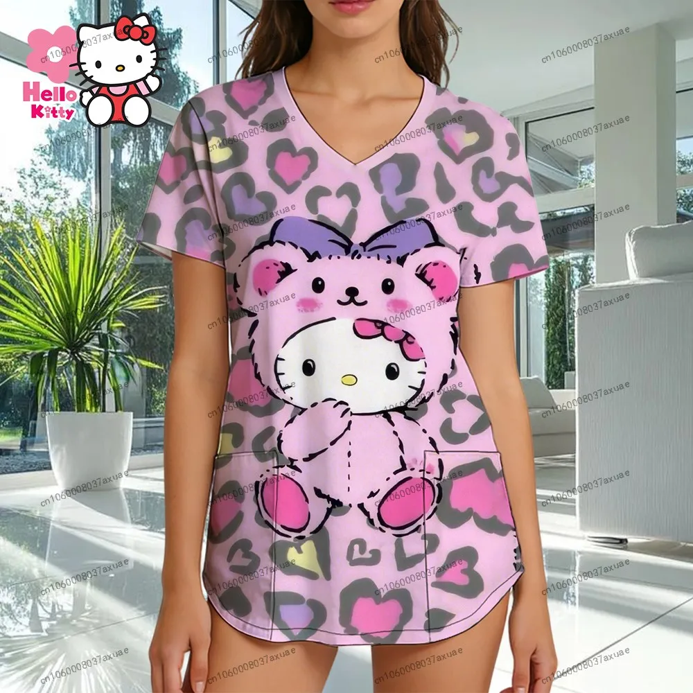 

S-2XL V Neck Y2k Clothes Hello Kitty Summer Sanrio Tees Women's Nurse Uniform T-shirt Shirts 2026 New Short Sleeve Leisure Trend