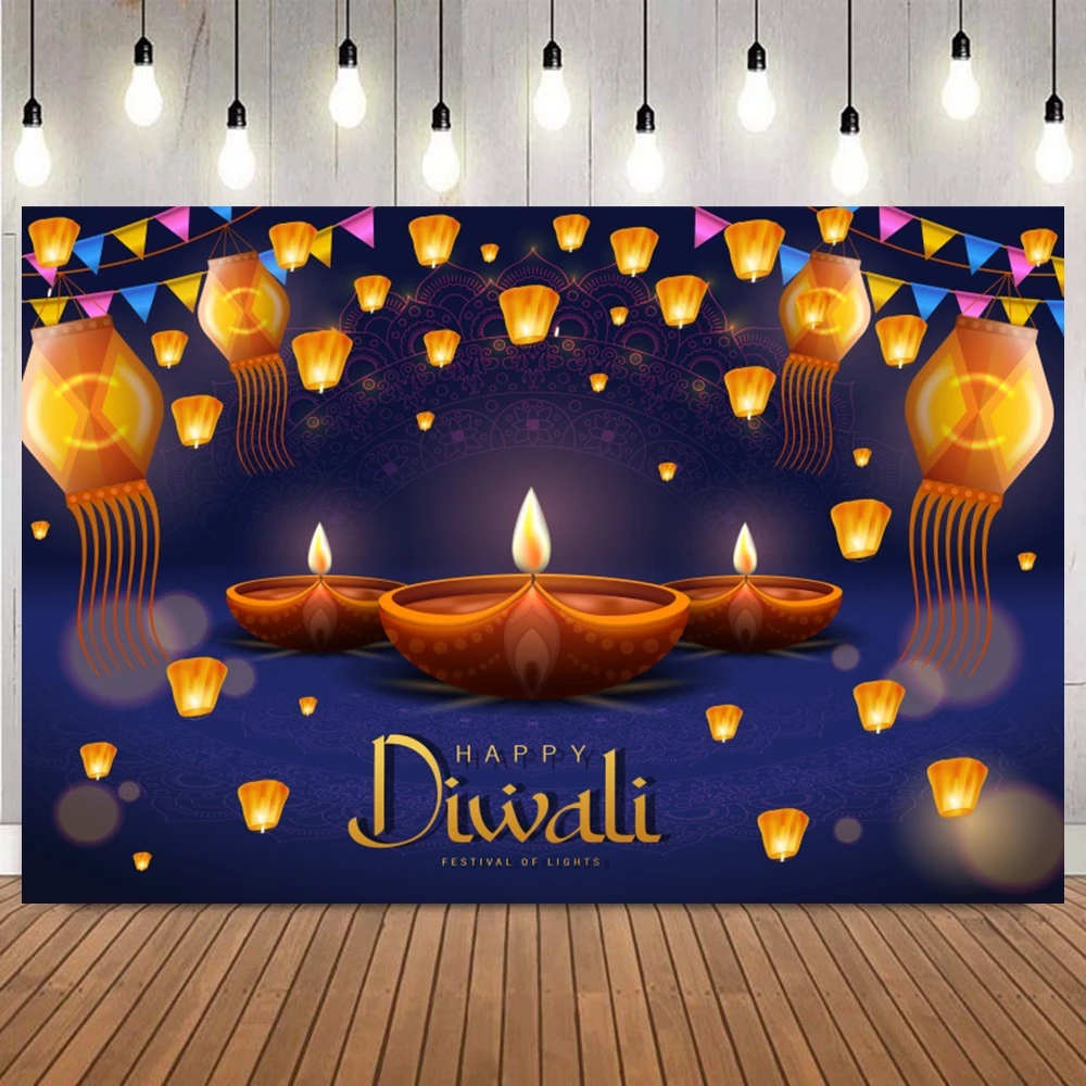 Happy Diwali Photograph Background Indian Tradition Deepavali Peacock Candles Marigold Celebration Party Backdrop Decor Supplies