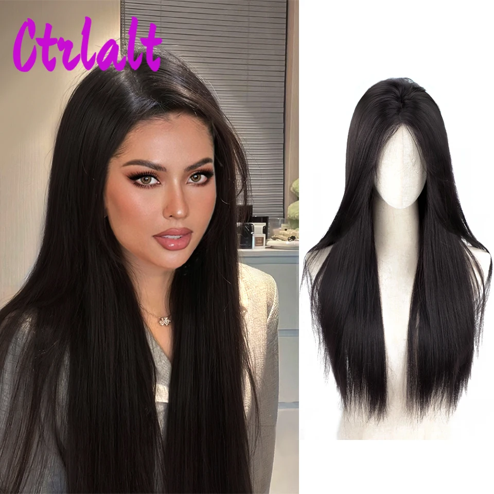 Wig sintetis hitam rambut palsu lurus panjang untuk wanita, Wig bagian tengah untuk pesta Cosplay rambut palsu tahan panas