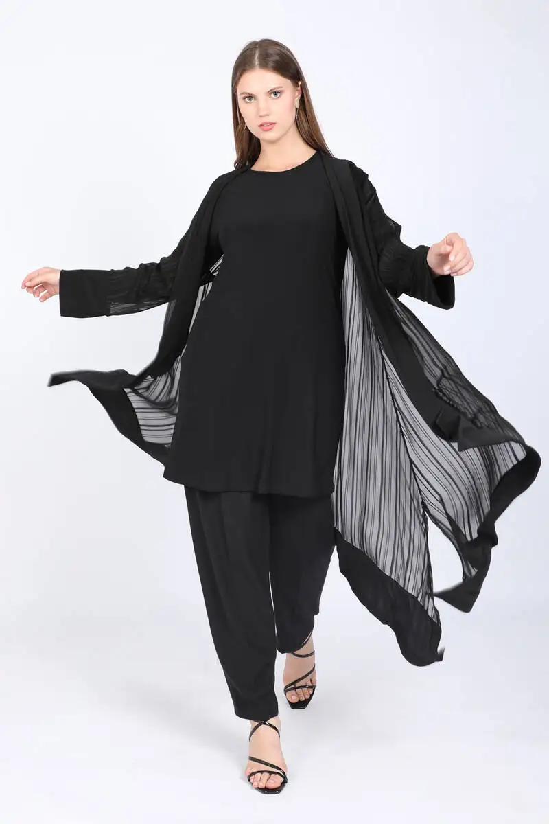 Women's Large Size Chiffon Stripe Bilateral Suit Black