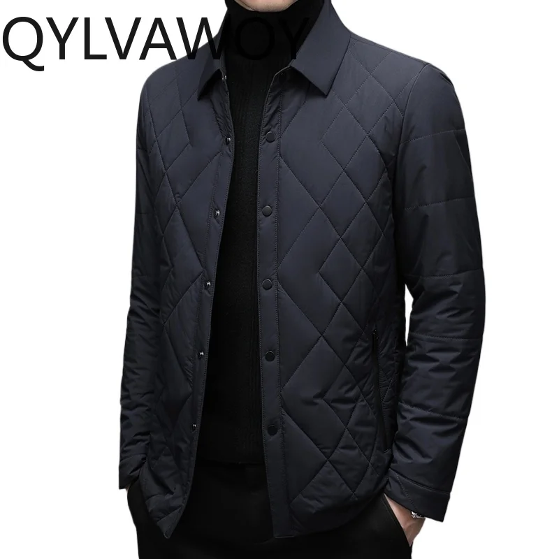 QYLVAWOY 100% Polyester Men's Autumn Winter Lapel Cotton Jacket Middle-Aged Elderly Casual Warm Cotton Coat Outerwear LJ2143