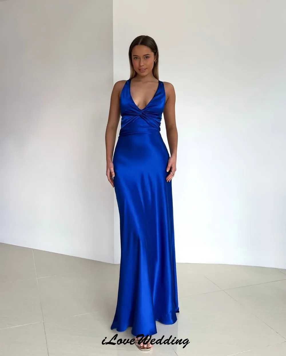 

Klein V-Neck Prom Dress 2025 Elegant Wedding Party Dress For Woman Ruched Satin Evening Dress Ankle Length Sleeveless Customized