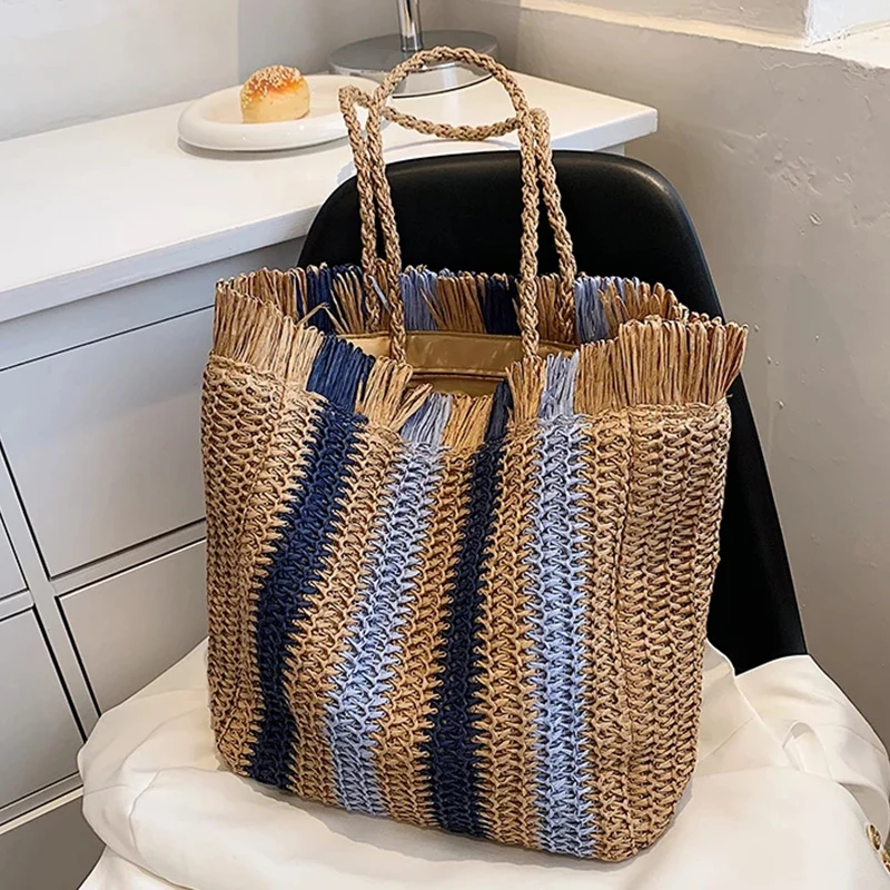 Large Capacity Shoulder Bag Striped Beach Straw Bag For Women Handmade Woven Handbag Raffia Rattan Bag Vacation Casual Tote Bag