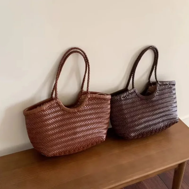 Genuine Leather Handwoven Tote Bag Women's Fashion Shopping Bag Large Capacity Shoulder Bag Luxury Design Vegetable Basket