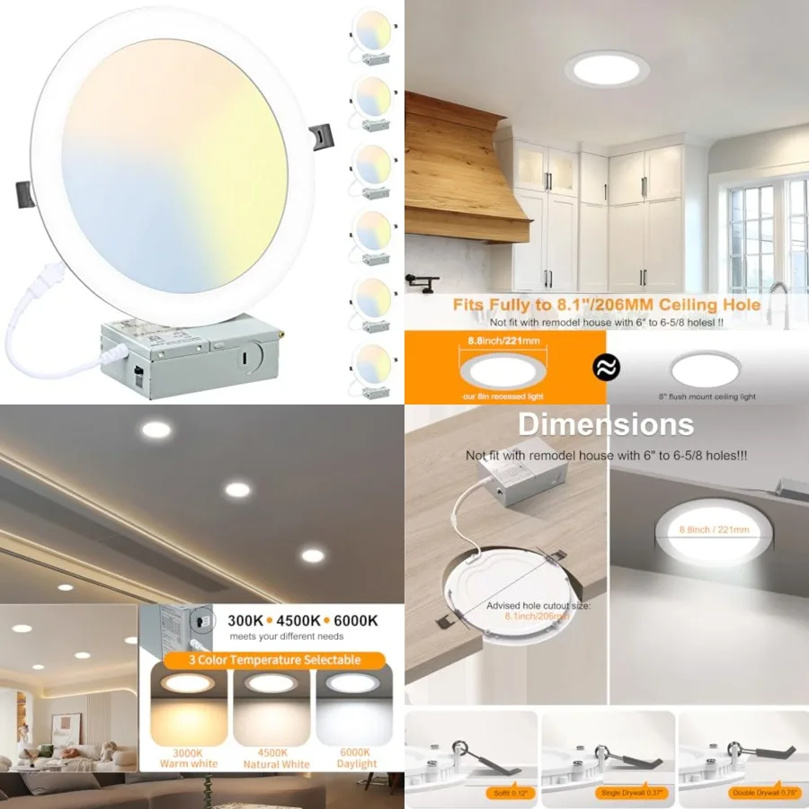 

6 Pack 8 Inch LED Recessed Lighting with Junction Box Ultra-Thin, 3000K/4500K/6000K Selectable, 8" Dimmable Canless LED Downlig