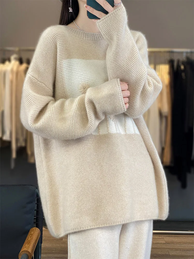 100% Merino Wool Women Sweater Autumn Winter O-Neck Flower Knitwear Loose Pullover Long Sleeve Cashmere Clothes Tops Soft Jumper