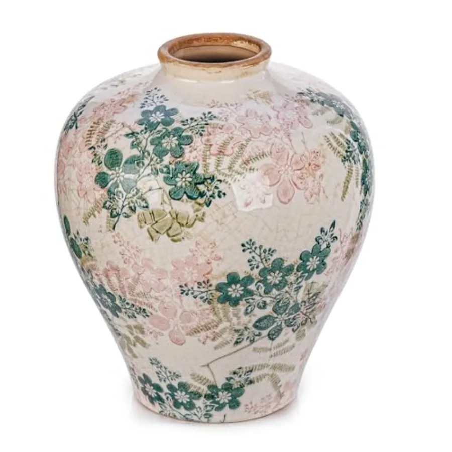 Vintage Ceramic Flower Vase for Home Decor 9.4 Inch Ice Cracked Glaze Chinoiserie Vase in Green Rustic Farmhouse Style with Tex