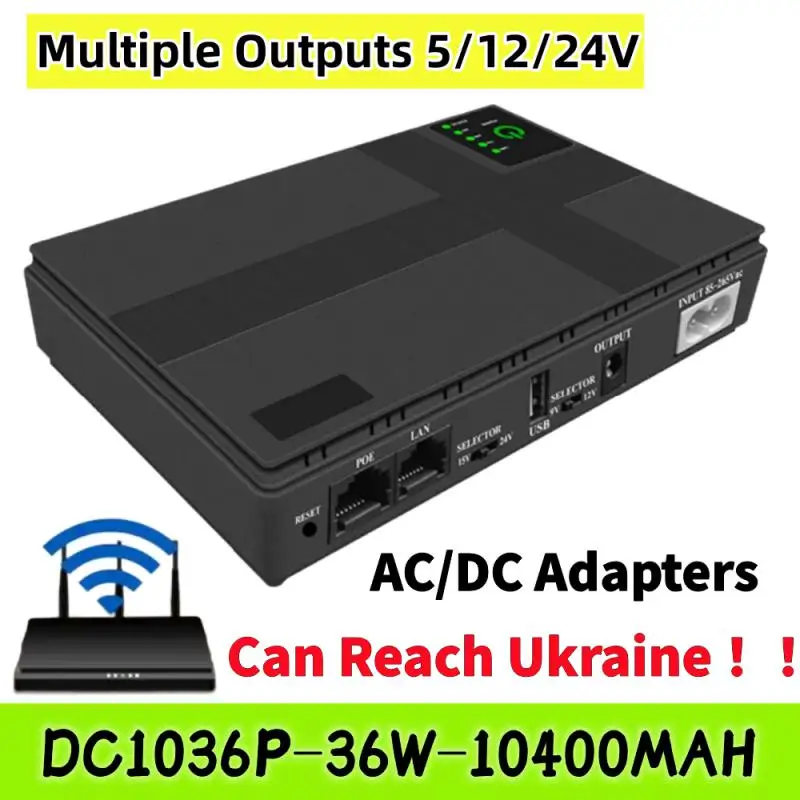 

1036P EU Router 36W 10400mAh Power Supply UPS Black Uninterruptible DC Backup Router Optical Modem Built-in Adapter POE 12V UPS