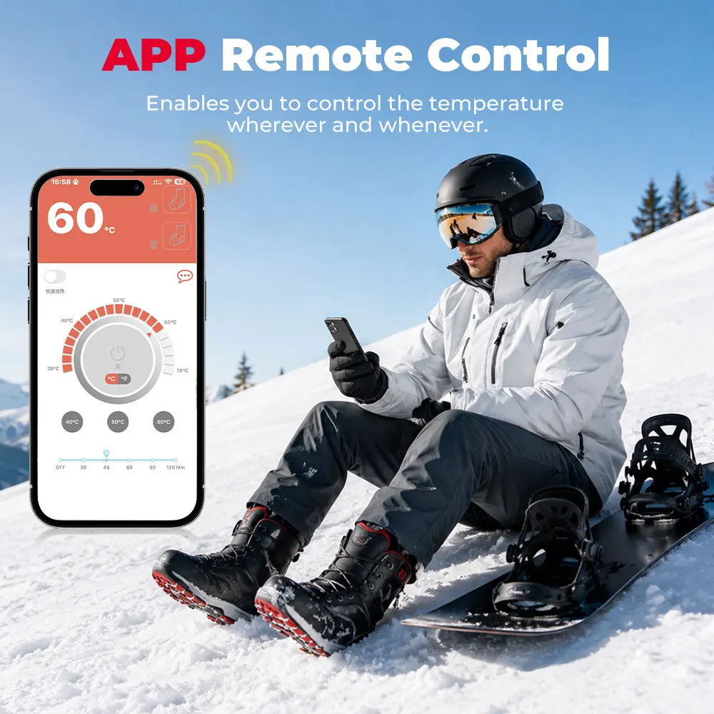 KEMIMOTO Beheizte Skisocken Winterausrüstung für Männer und Frauen mit 2 Batterien APP Bluetooth Wiederaufladbare Elektrische Fußwärmer Dicke Baumwollsocken für Wandern, Camping, Radfahren und Outdoor-Aktivitäten – Detail 6