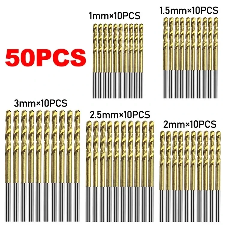 50pcs High Speed Steel Ti-plated Twist Bit Titanium Coated Drill Bits Tool High Quality Power Tools 1mm 1.5mm 2mm 2.5mm 3mm