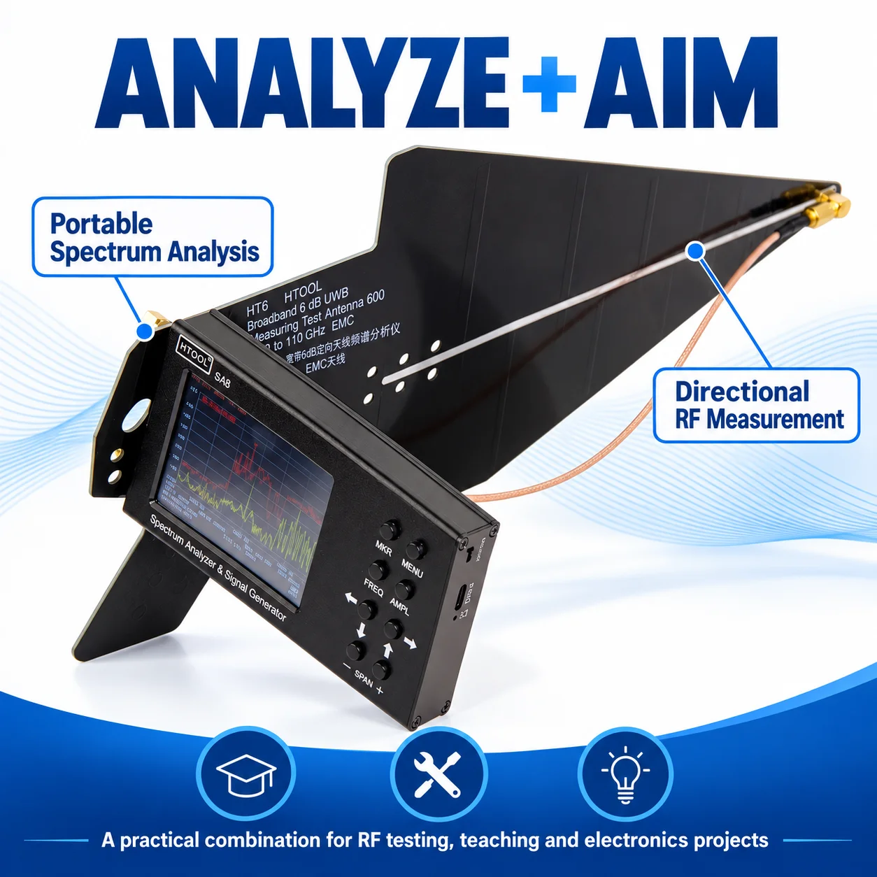 RF измерительный комплект HTOOL SA8 + HT6, спектральный анализ 35 МГц–6,2 ГГц, генератор сигналов и направленная антенна 6 dBi