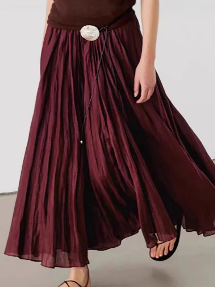 New Spring Autumn Holiday Patchwork Pleated Skirts, Women Simple Red Color Fashion Skirts, 2025 Casual Loose Chic Ladies Skirts