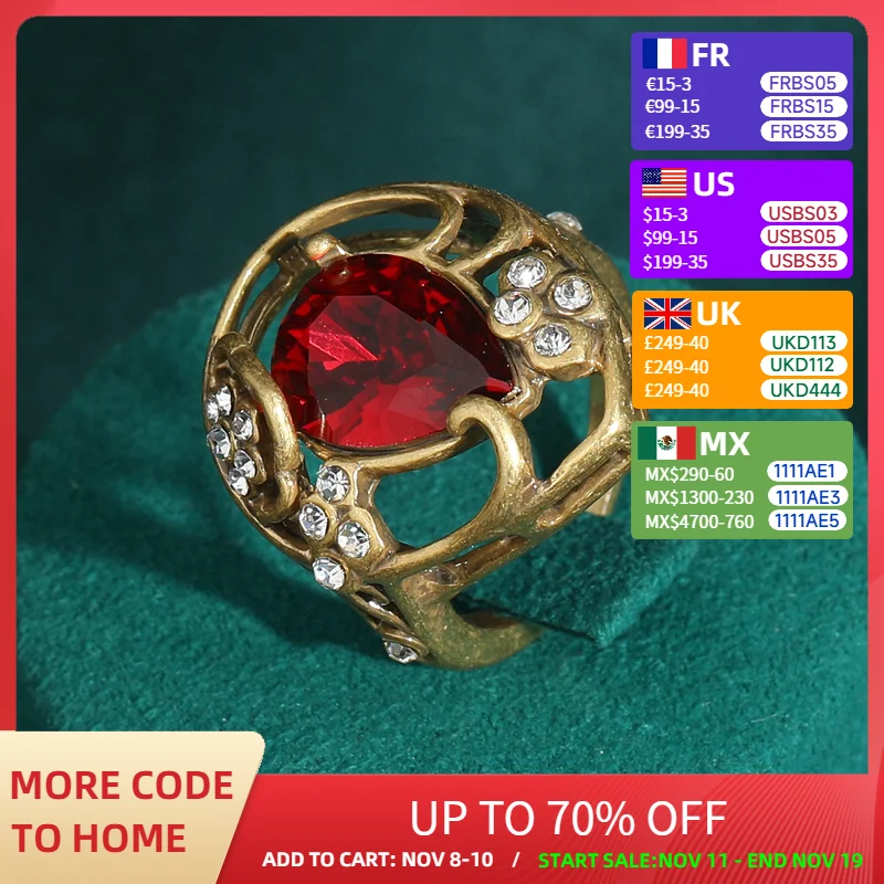 

Wedding Water Drop Crystal Red Vintage Ring Gold Color Luxury Hollow Rhinestones Pattern Copper Jewelry Accessories for Women