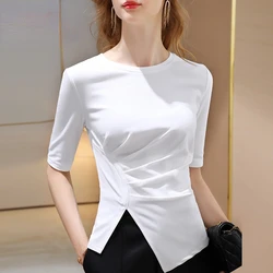 White Short-sleeved T-shirt Women's Summer 2022 New Design Sense Irregular Hem Elegant Slim Stretch Cotton Bottoming Shirt Top