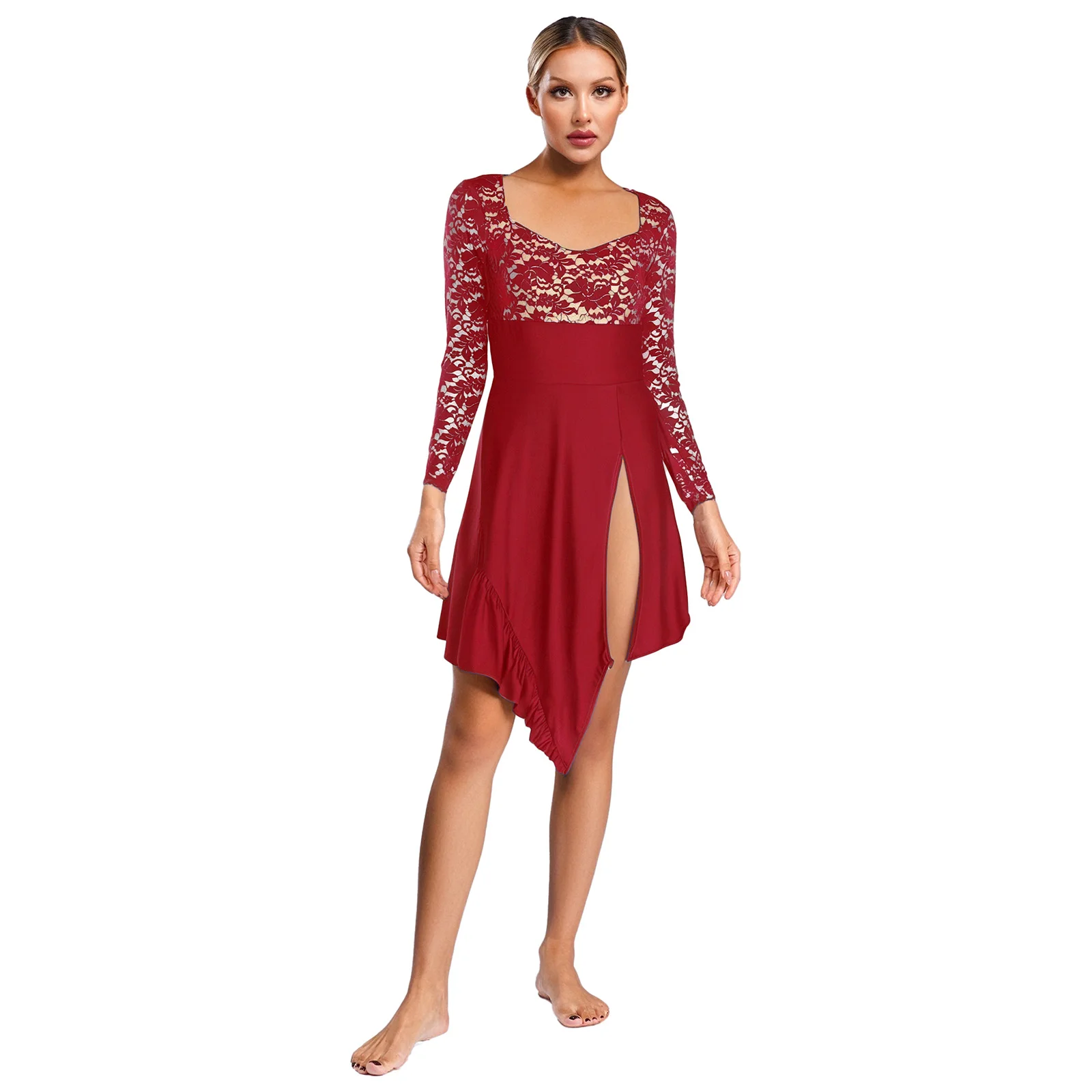 

‌Womens Romantic Ruffled Hem Latin Modern Dance Gown Breathable Dresses for Lyrical Dance Competitions Dancewear Stage Shows