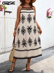 GIBSIE Plus Size O-Neck Hollow Out Sexy Long Dress Women Summer Holiday Sleeveless Printed Beach Sundress Big Swing Dresses