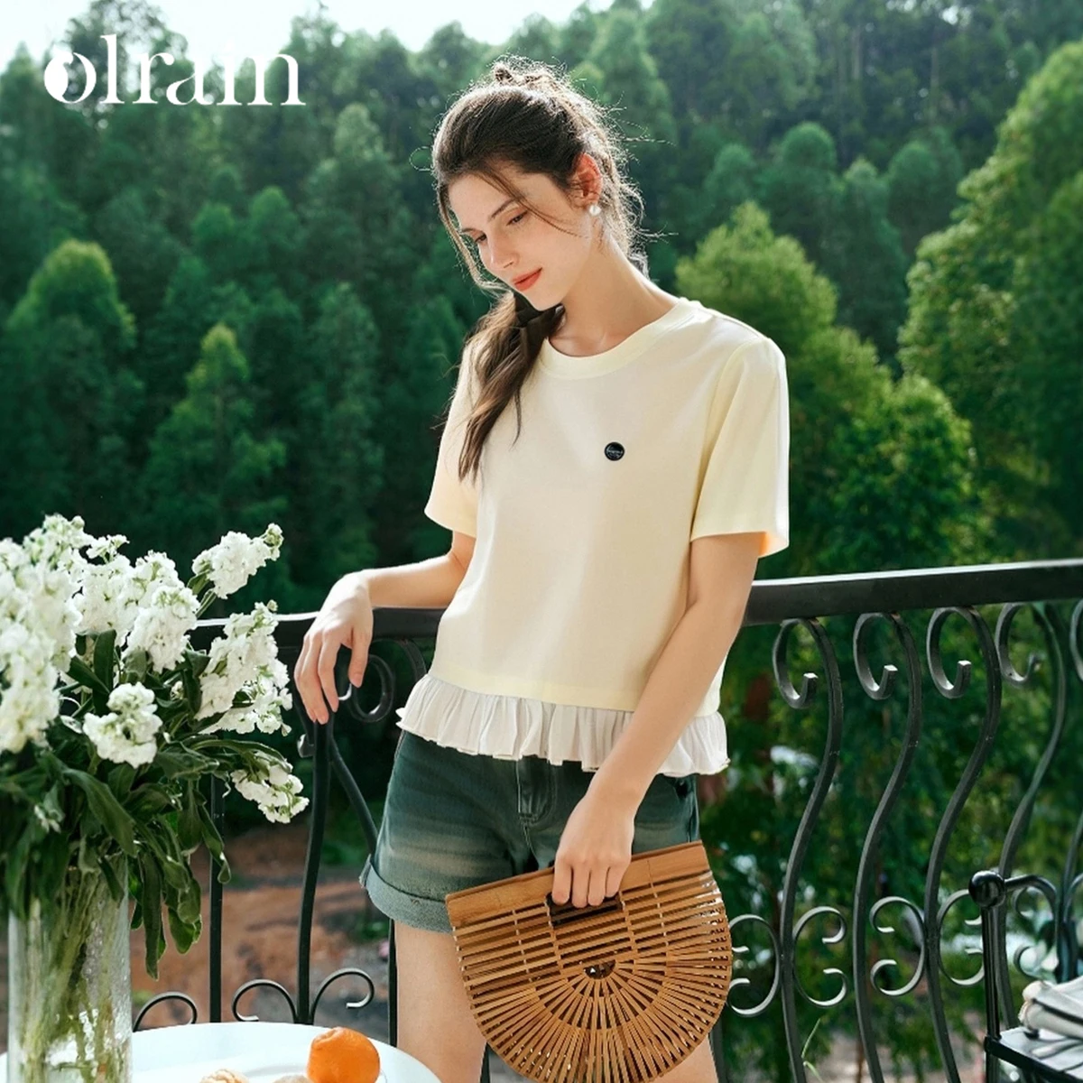 

OLrain женские лоскутные желтые футболки 2025 повседневные футболки с короткими рукавами летние топы с круглым вырезом с рюшами по подолу женская одежда O57XT98992