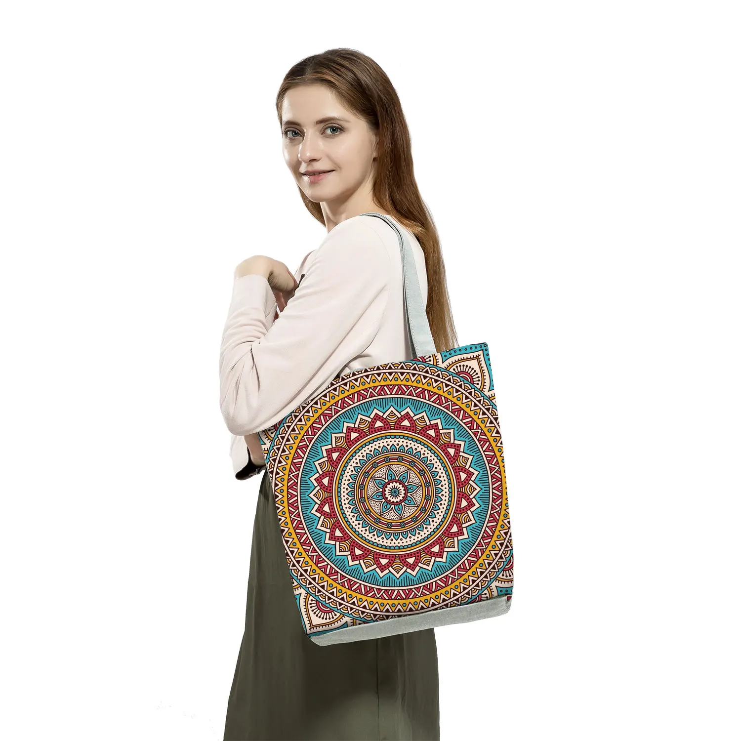 For Lady Travel Beach Bags Foldable Floral Print Handbags Mandala Flower Printed Tote Bag Women Eco Reusable Shopping Bag Custom