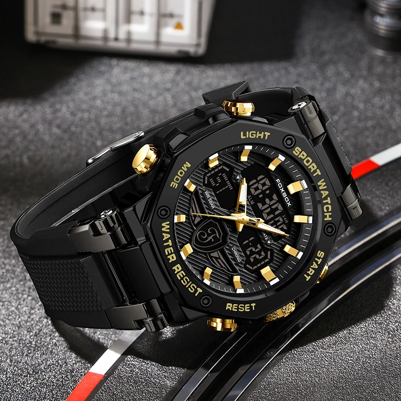 ساعات فوكس بوكس للرجال 50 متر مقاومة للماء LED عرض مزدوج سوار معصم من السيليكون كوارتز ساعات رياضية عسكرية للرجال ios masculin + BOX