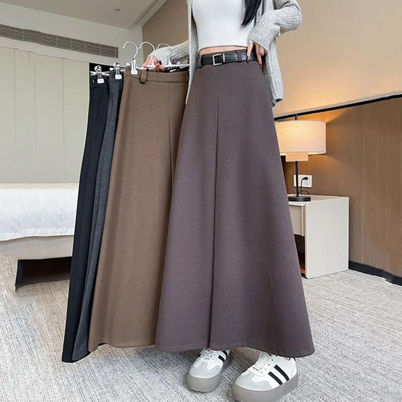 Long Skirt for Women Fashion with Belt Pleated High Waisted A-line Skirts Ladies Autumn Winter New Thicken Woolen Maxi Skirts