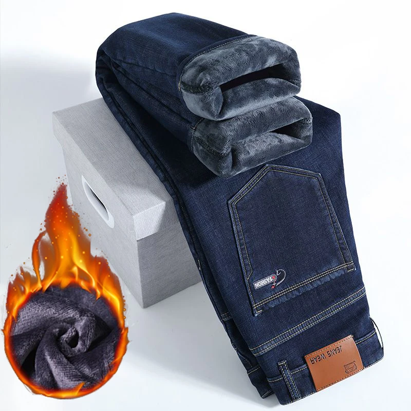 Hot Sale Men Classic Blue Black Jeans Male Fashion Snow Warm Plush Fleece Denim Pants Daily Casual Straight Leg Trousers