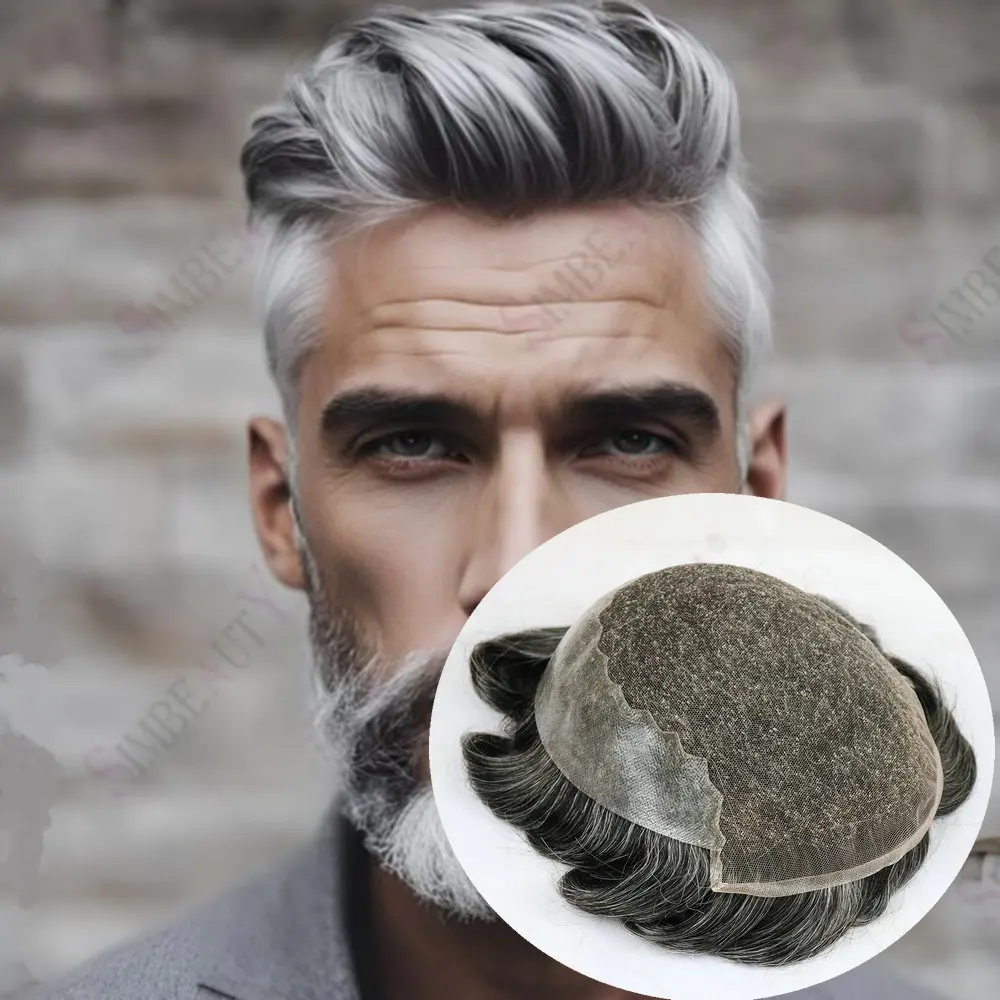 

Мужской парик-система Q6 Swiss Lace&PU: натуральный вид линии роста волос, протез из человеческих волос, цвет 1B80 серо-черный