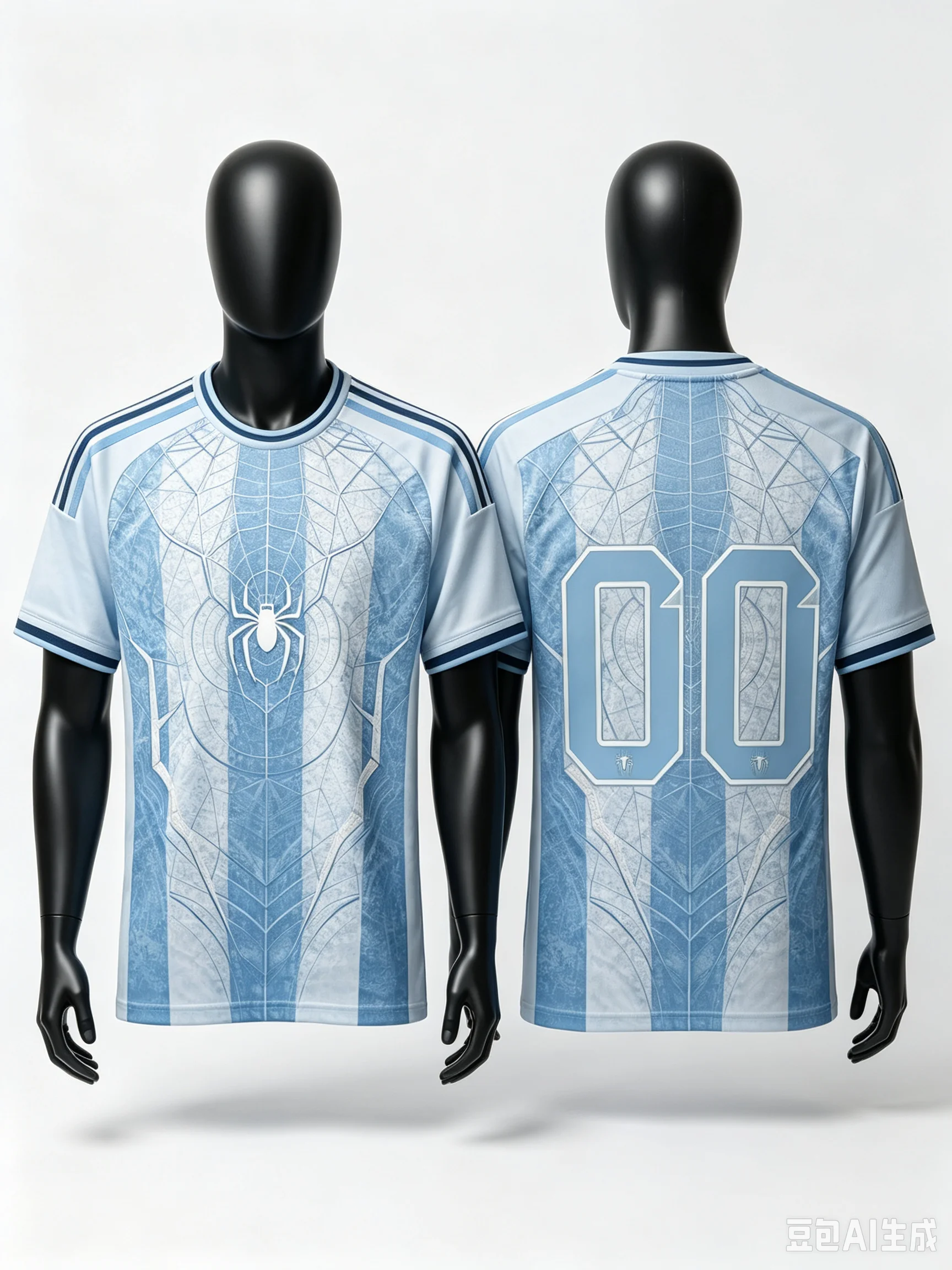 Parent‑child Spider Hero 00 Number Print Football Jersey Light Blue Stripe Short Sleeve T‑Shirt 100% Polyester Family Matching