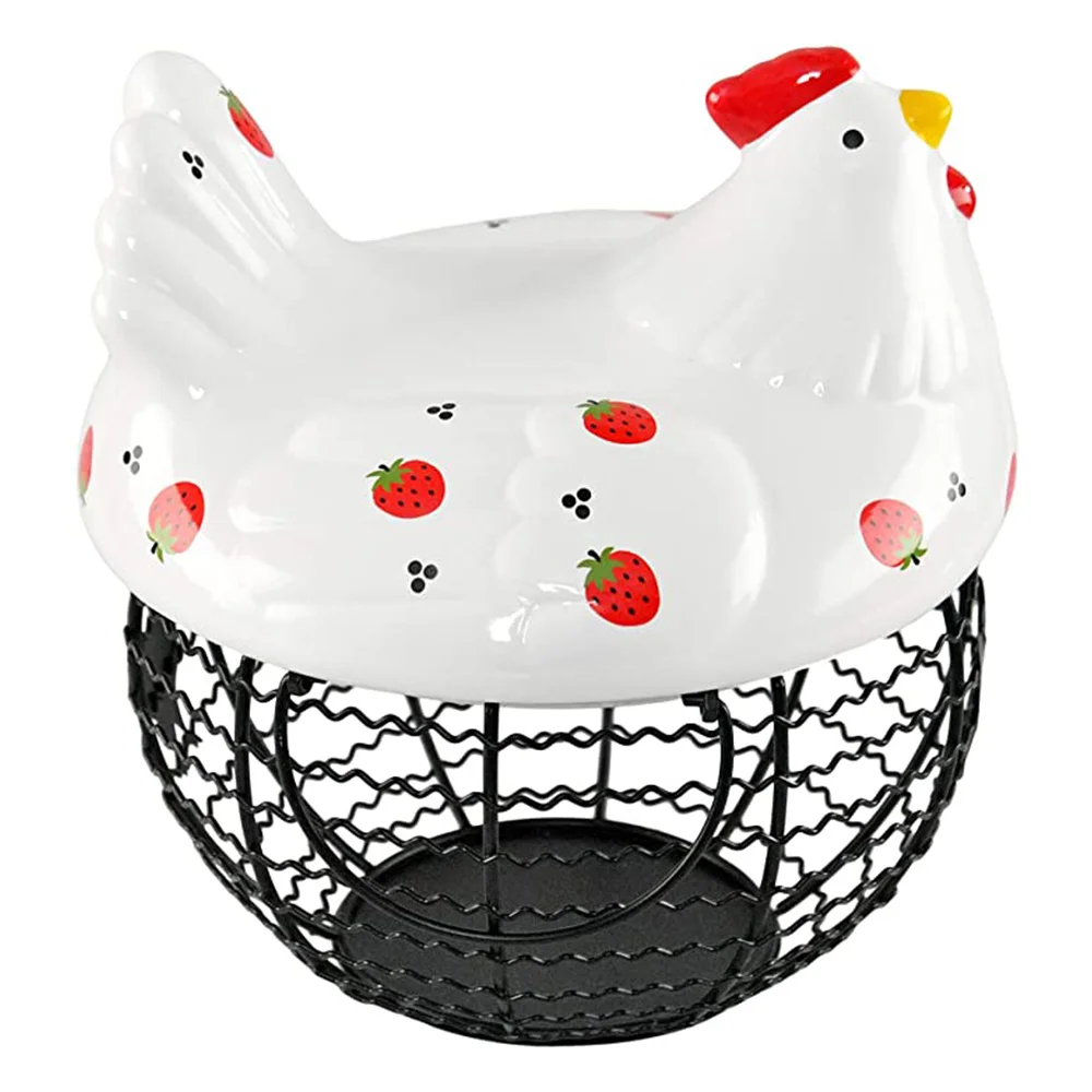 

Chicken Egg Basket for Egg Storage, Ceramic and Iron Decorative Basket with Chicken Design, Farmhouse Kitchen Decor