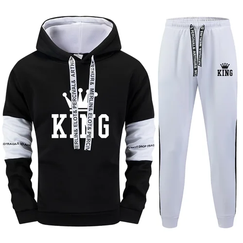 Chándal con estampado King para hombre, Sudadera con capucha informal + pantalón de chándal, conjunto de 2 piezas, ropa deportiva para gimnasio y trotar, traje de Otoño Invierno 2025