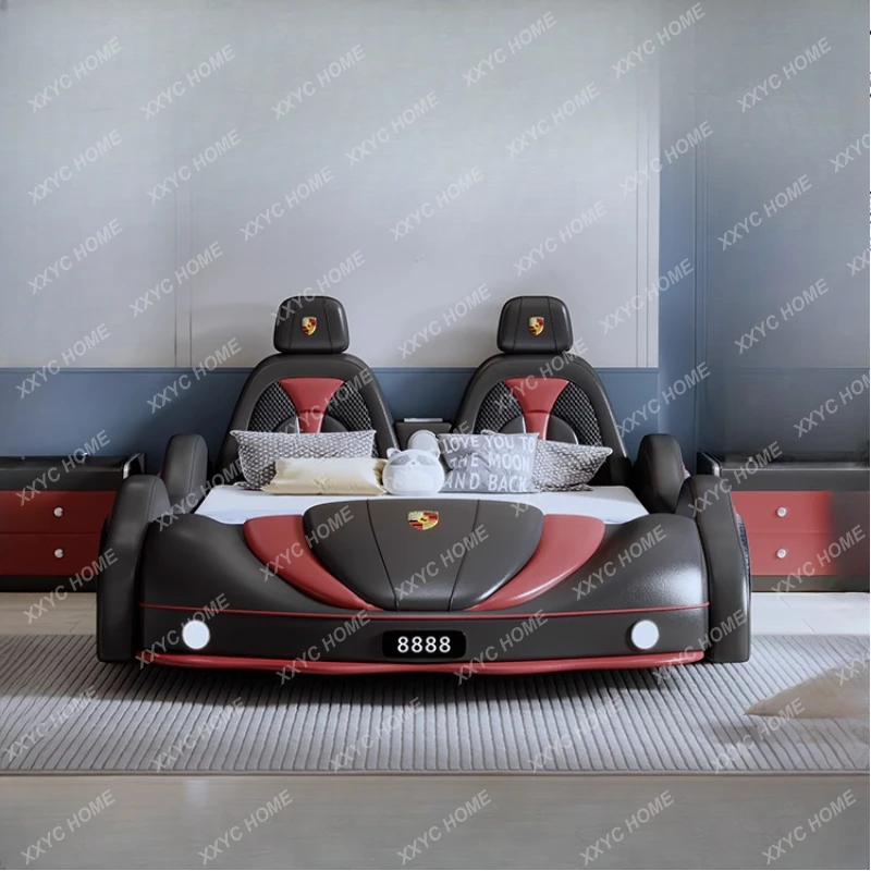 A sale Black Luxury Kids Car Bed Modern Wood Design Led Light Wheel Headboard Children Bed Frame Modern Bedroom Furniture