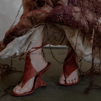 性感棕色絨面革坡跟繫帶涼鞋,黑色10厘米高跟,女士夏季新款奢華設計師派對人字拖鞋 10 最佳銷售 設計師坡跟鞋 - №2