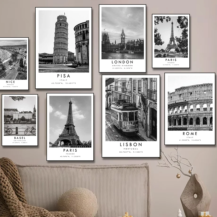 Black White Travel Poster Lison Italy London Rome Paris Eiffel Tower Canvas Painting Prints Minimalist Wall Picture Home Deco