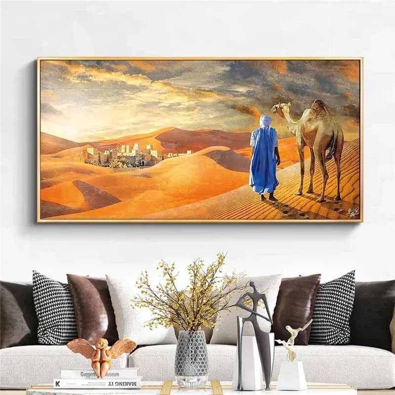 Desert Landscape Posters and Prints Men and Camels Canvas Painting Living Room Wall Artist Home Decoration Painting