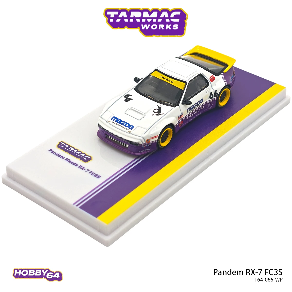 In Stock Tarmac Works Hobby64 T64-066-WP 1:64 Pandem RX-7 FC3S White Purple Yellow Livery Widebody Diecast Model Car